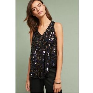 Anthropologie Moulinette Soeurs Black Sequin Sleeveless V-Neck Top 8 Party